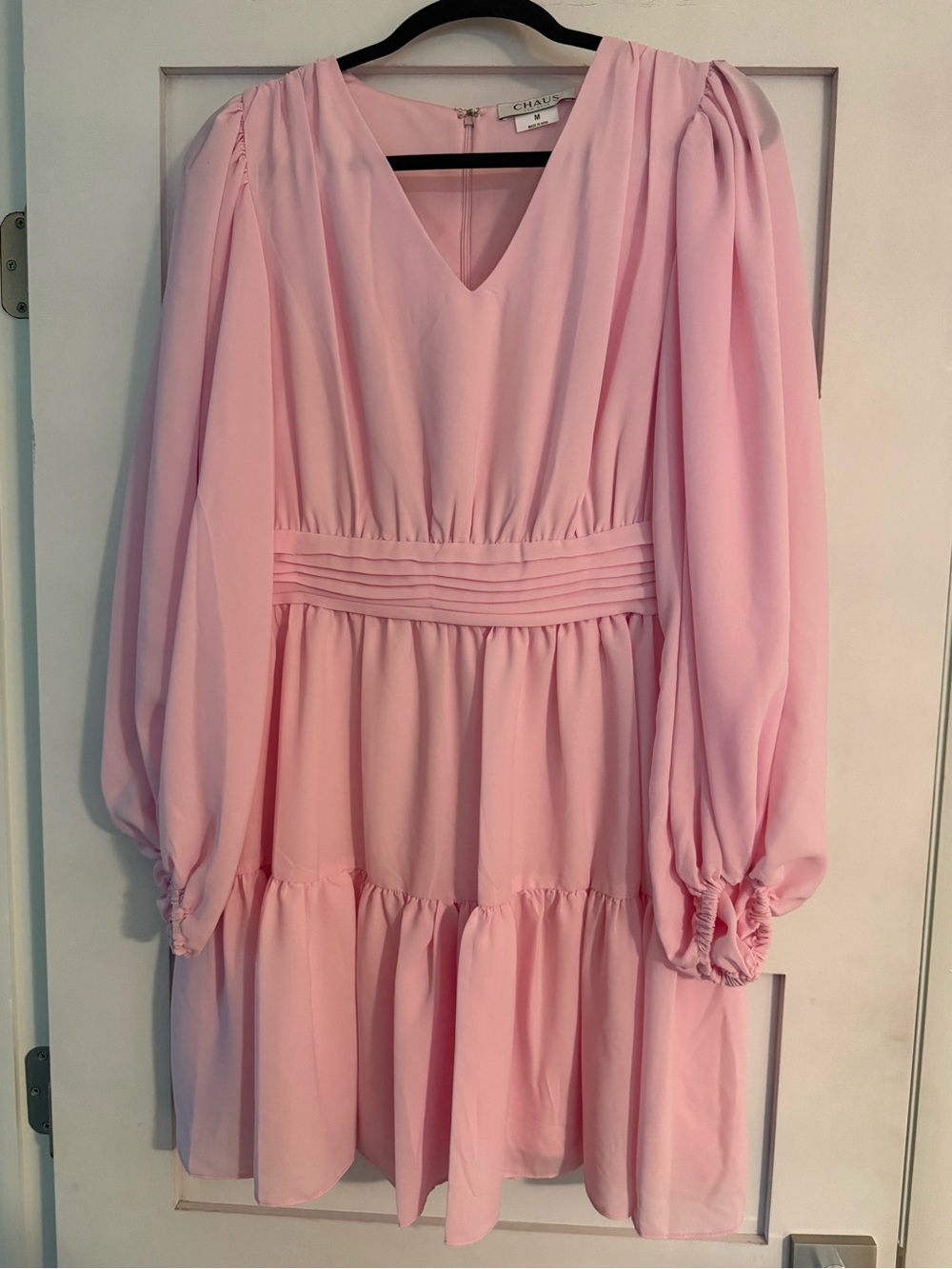 Chaus Light Pink V-Neck Long Sleeve Tiered Mini Dress